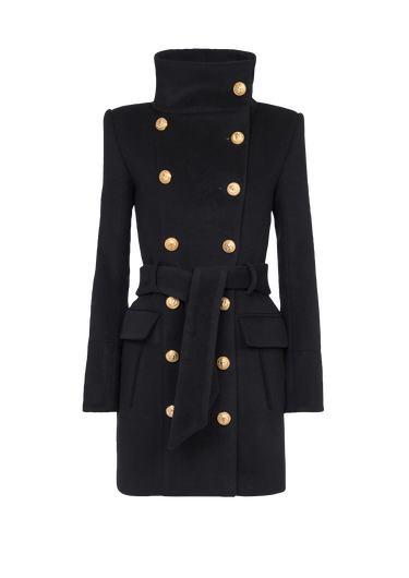 Long wool coat with double-breasted gold-tone buttoned fastening