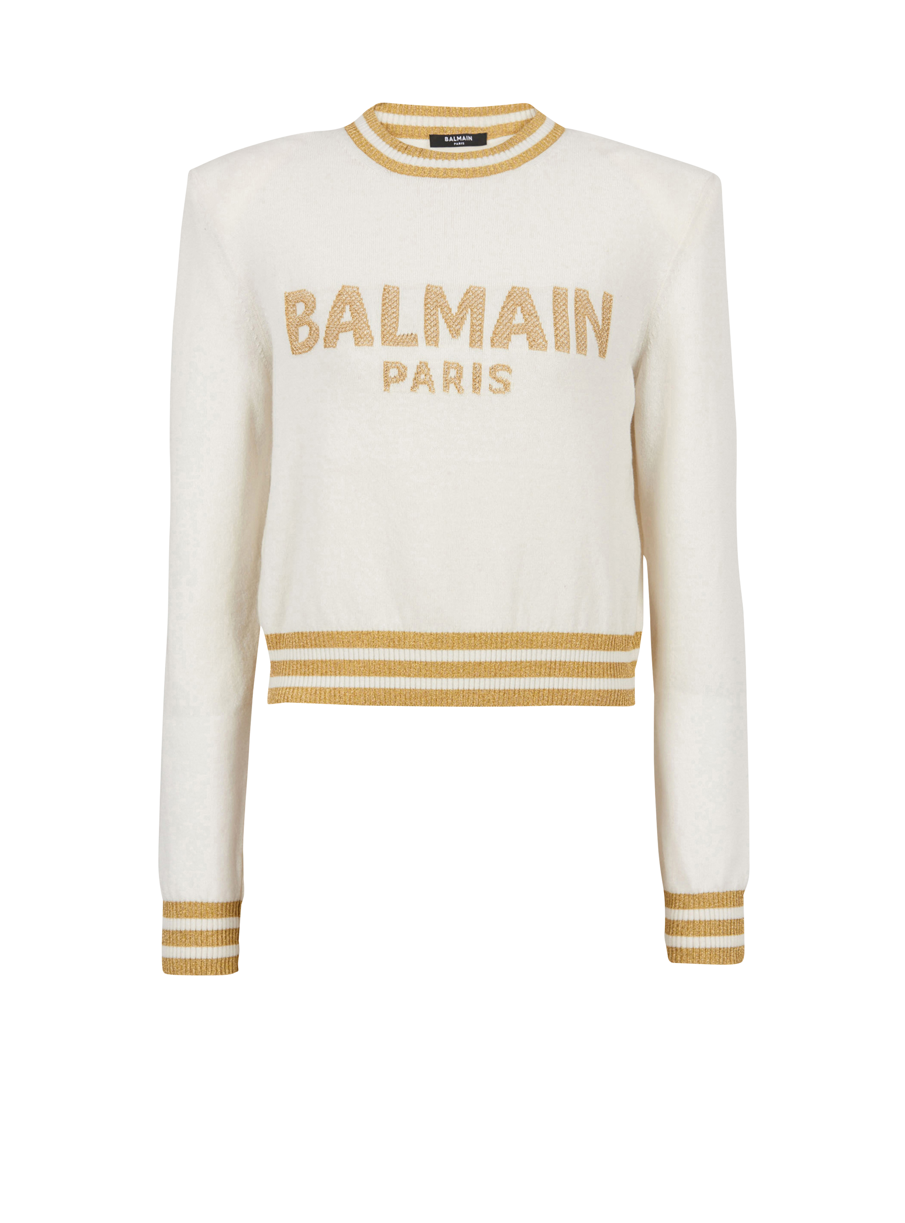 Cropped wool sweatshirt with gold Balmain logo, beige