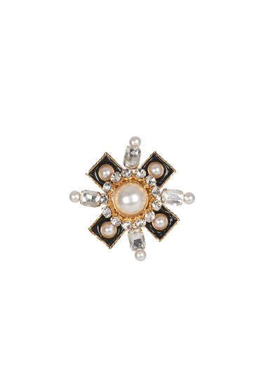 Metal cross-shaped brooch with pearls and rhinestones