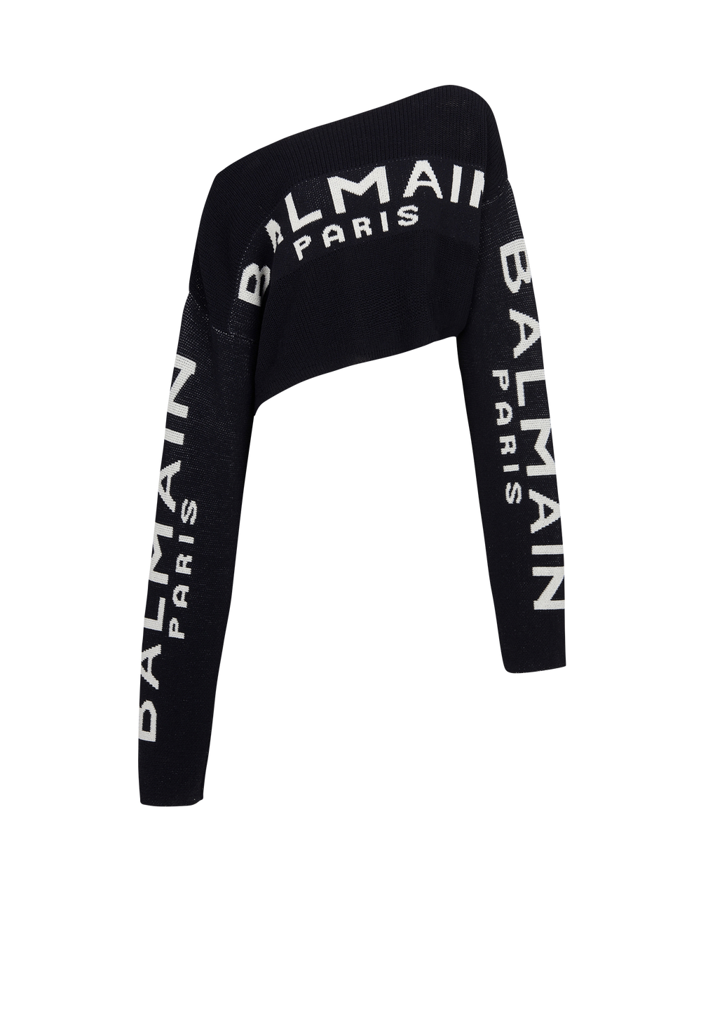 Cropped knit sweater with graffiti Balmain logo print, black, hi-res